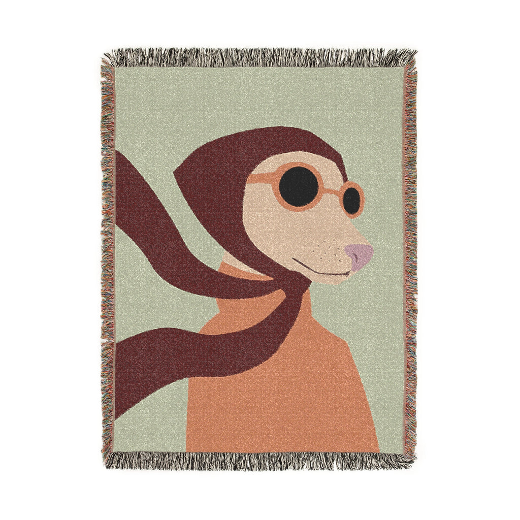 Woven blanket with abstract design of a cat face on a light green background