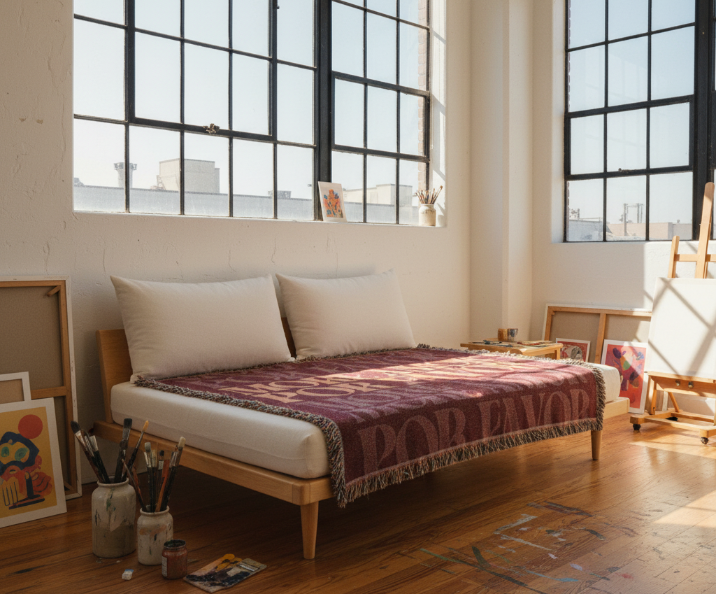 Bedroom with large windows, wooden floor, and a bed with a blanket.