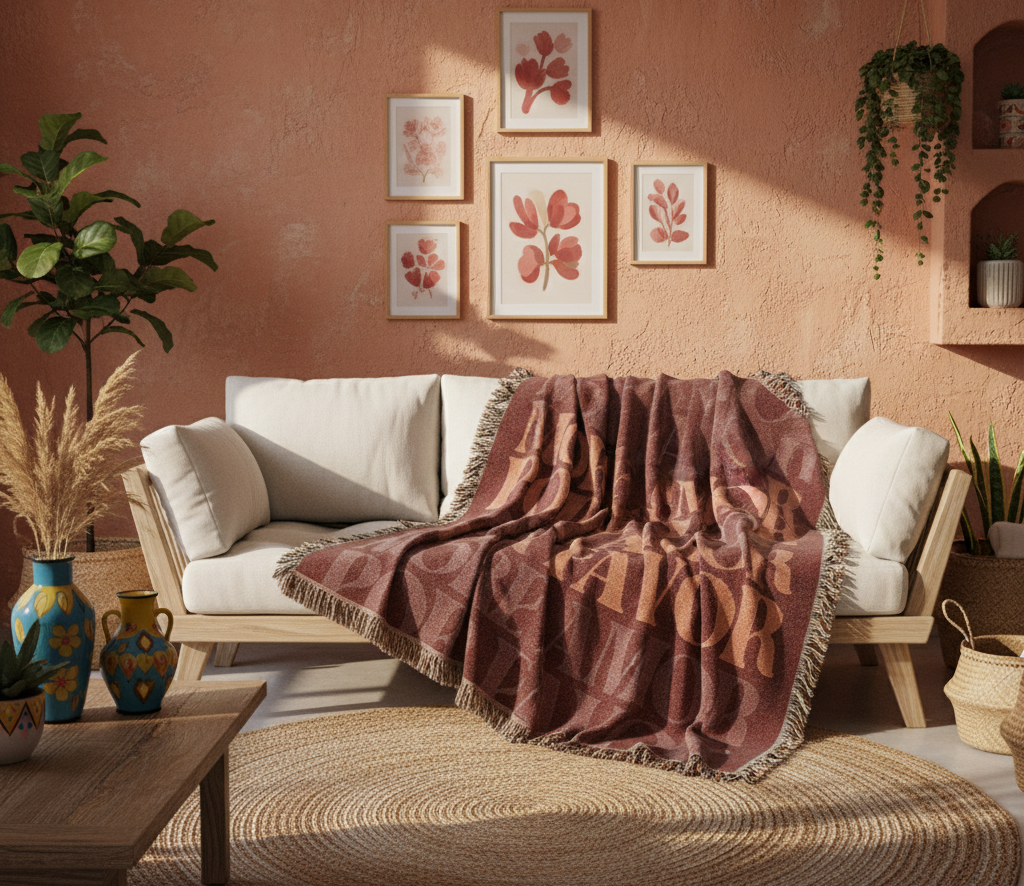 Cozy living room with a brown patterned throw blanket on a white sofa against an orange wall with floral art.