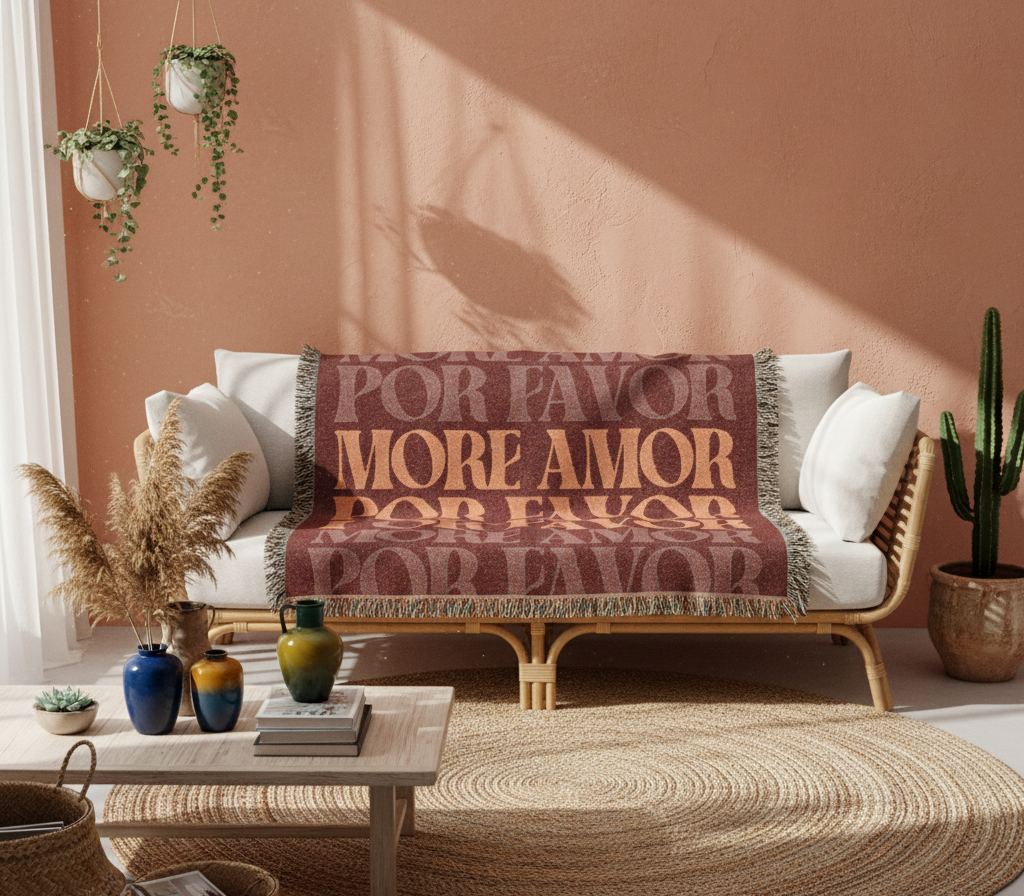 Living room with a couch featuring a decorative blanket and plants on a pink wall.