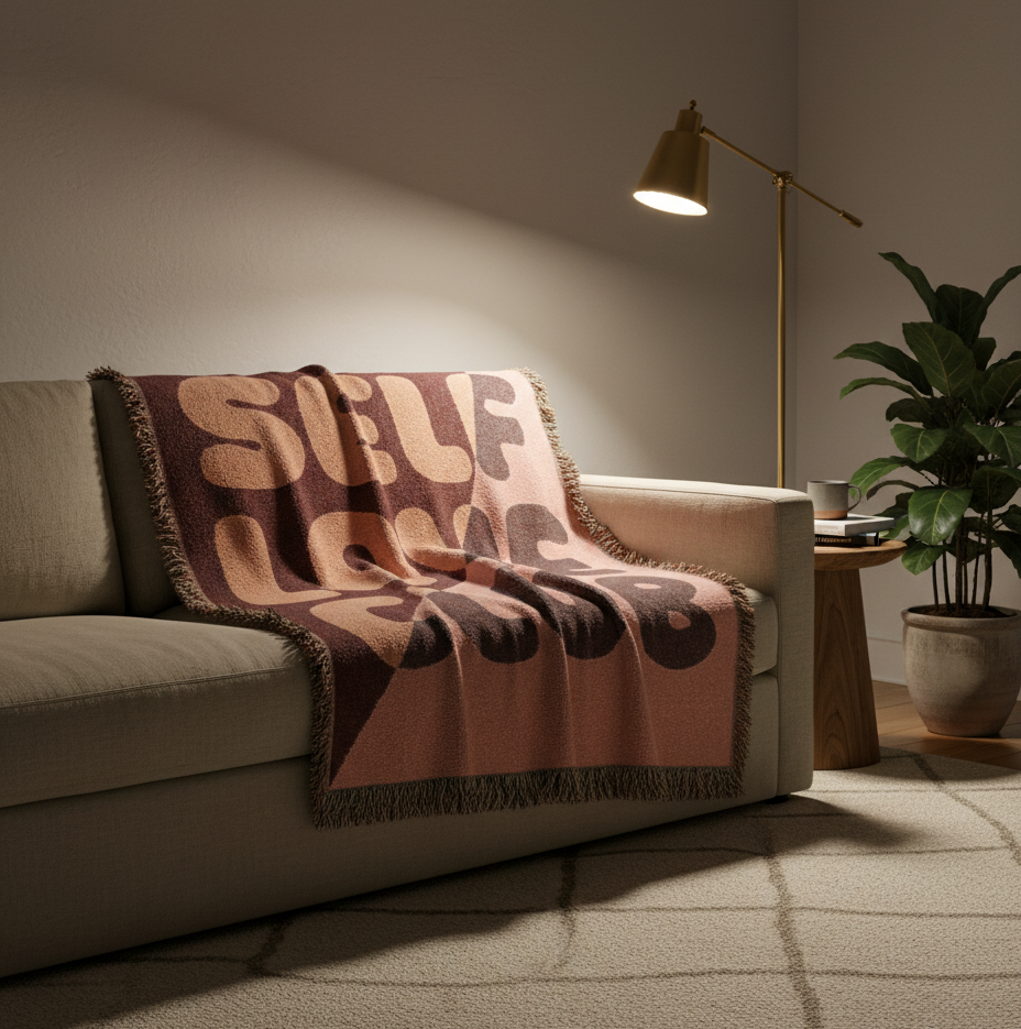 Sofa with a patterned blanket draped over it in a cozy living room setting.